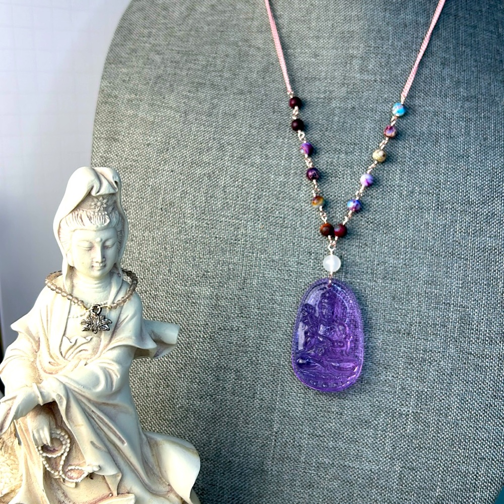 Fun purple violet Jasper Kuan Yin Necklace